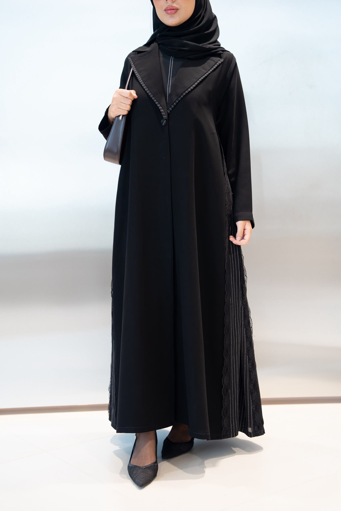 Black crepe abaya with lace. C:1104