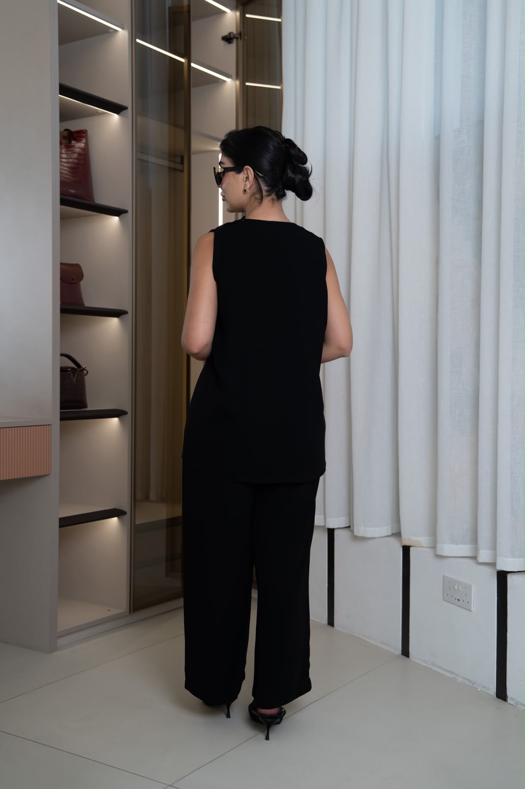 Black crepe blouse and pants set.C:1117