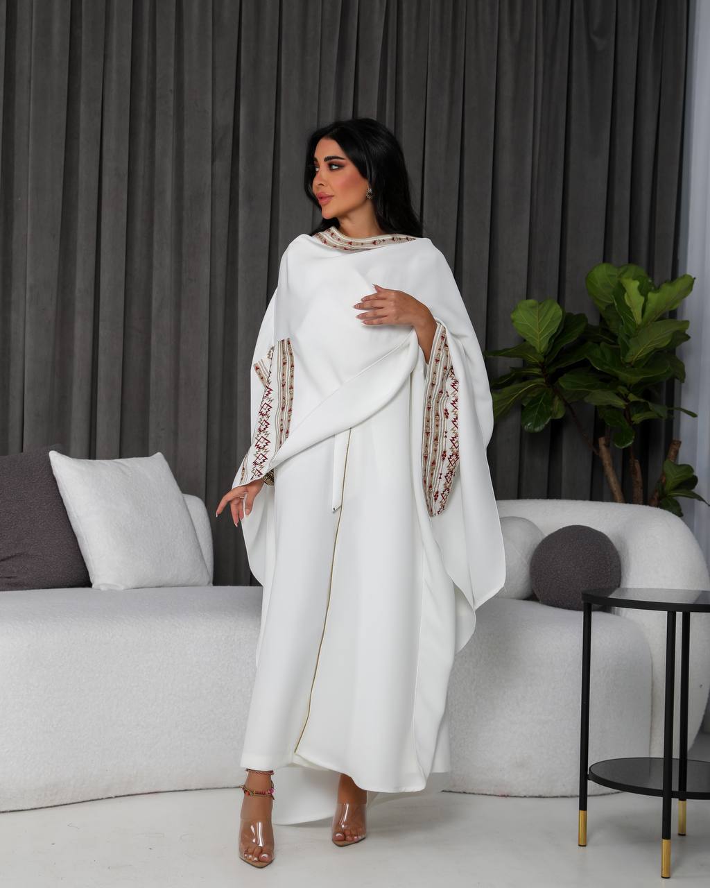 White crepe shawl with embroidery.C;1054