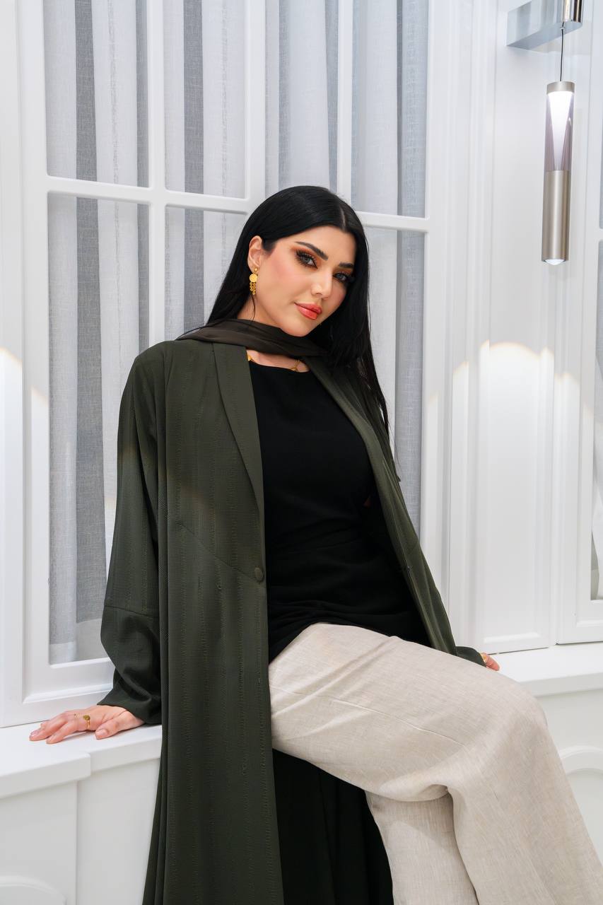 Olive green crepe blazer abaya.C;1067