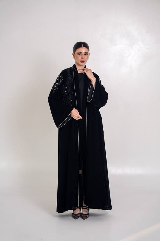 Black velvet abaya with hand-stitched details