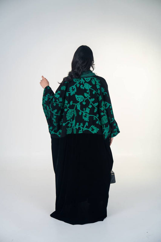 Black velvet bisht abaya with green embroidered crepe