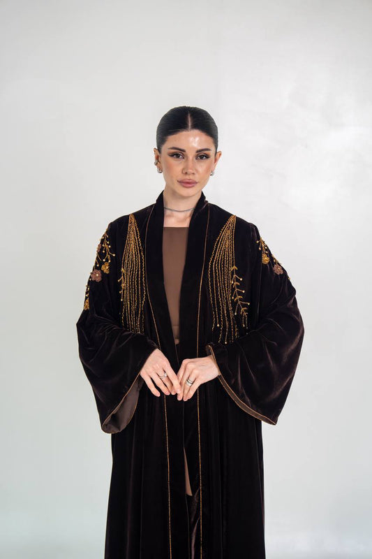 Black velvet abaya with hand embroidery