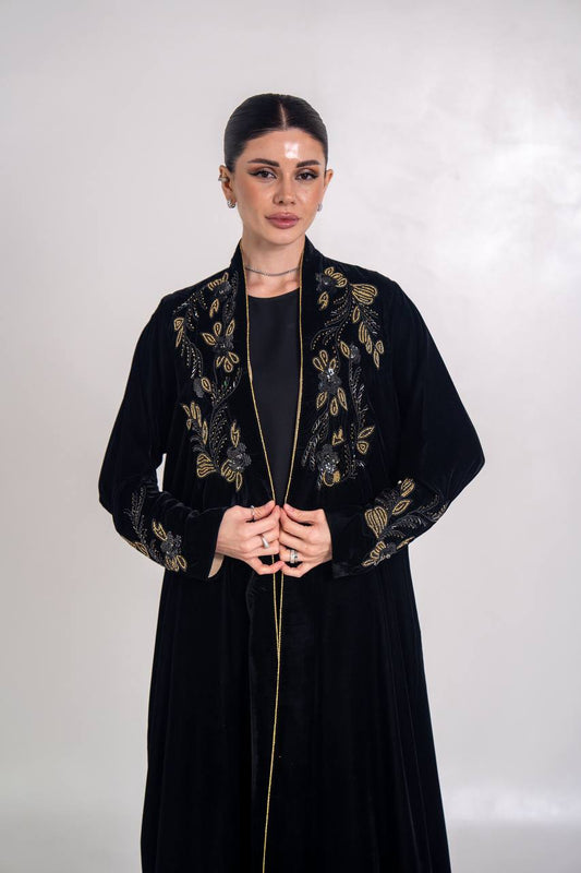 Black velvet abaya with hand embroidery