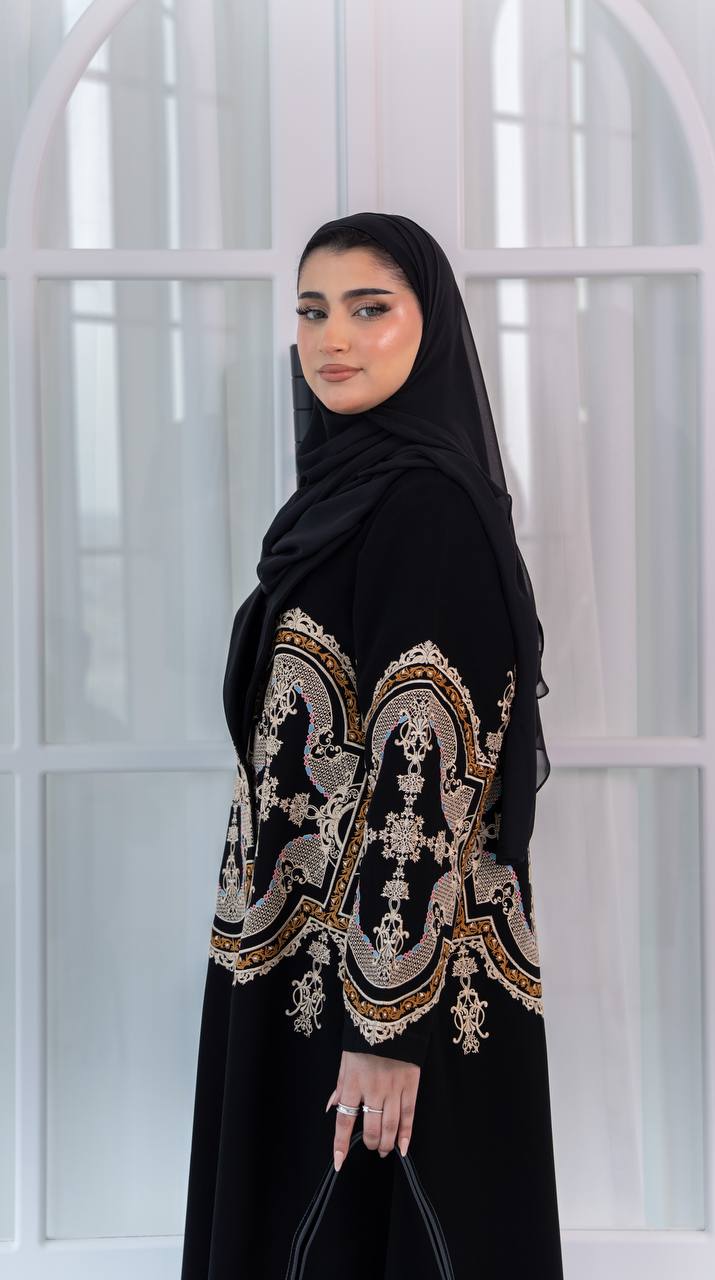 Black crepe fabric abaya with embroidery. C:1079