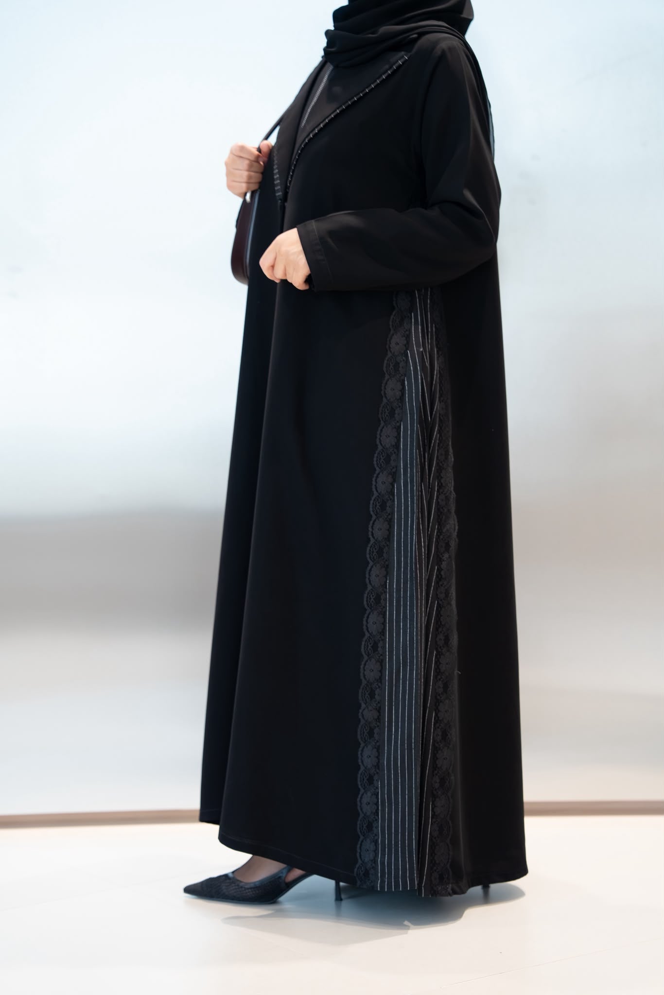 Black crepe abaya with lace. C:1104