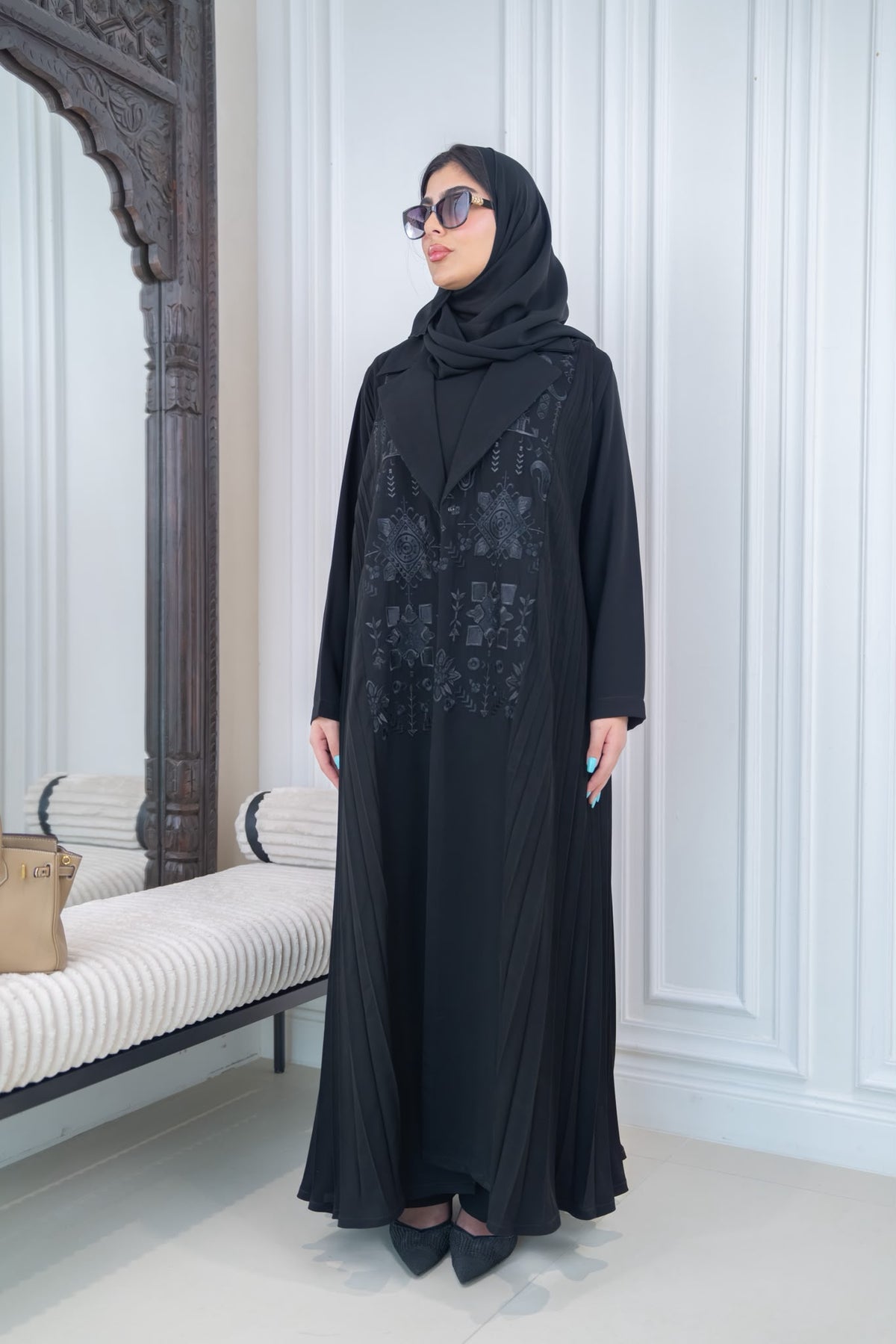 Black pleated crepe abaya with embroidery.C:1115