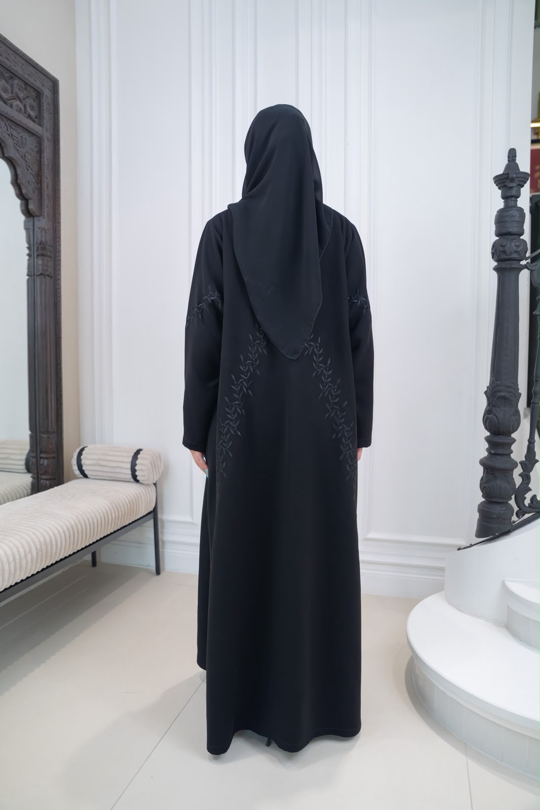 Black crepe abaya with embroidery.C:1116