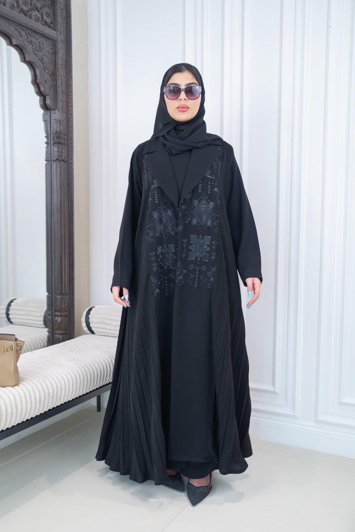Black pleated crepe abaya with embroidery.C:1115