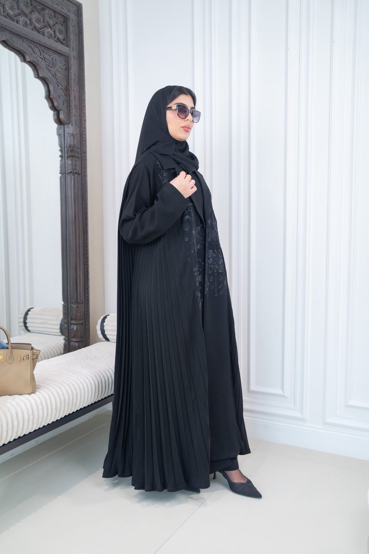 Black pleated crepe abaya with embroidery.C:1115