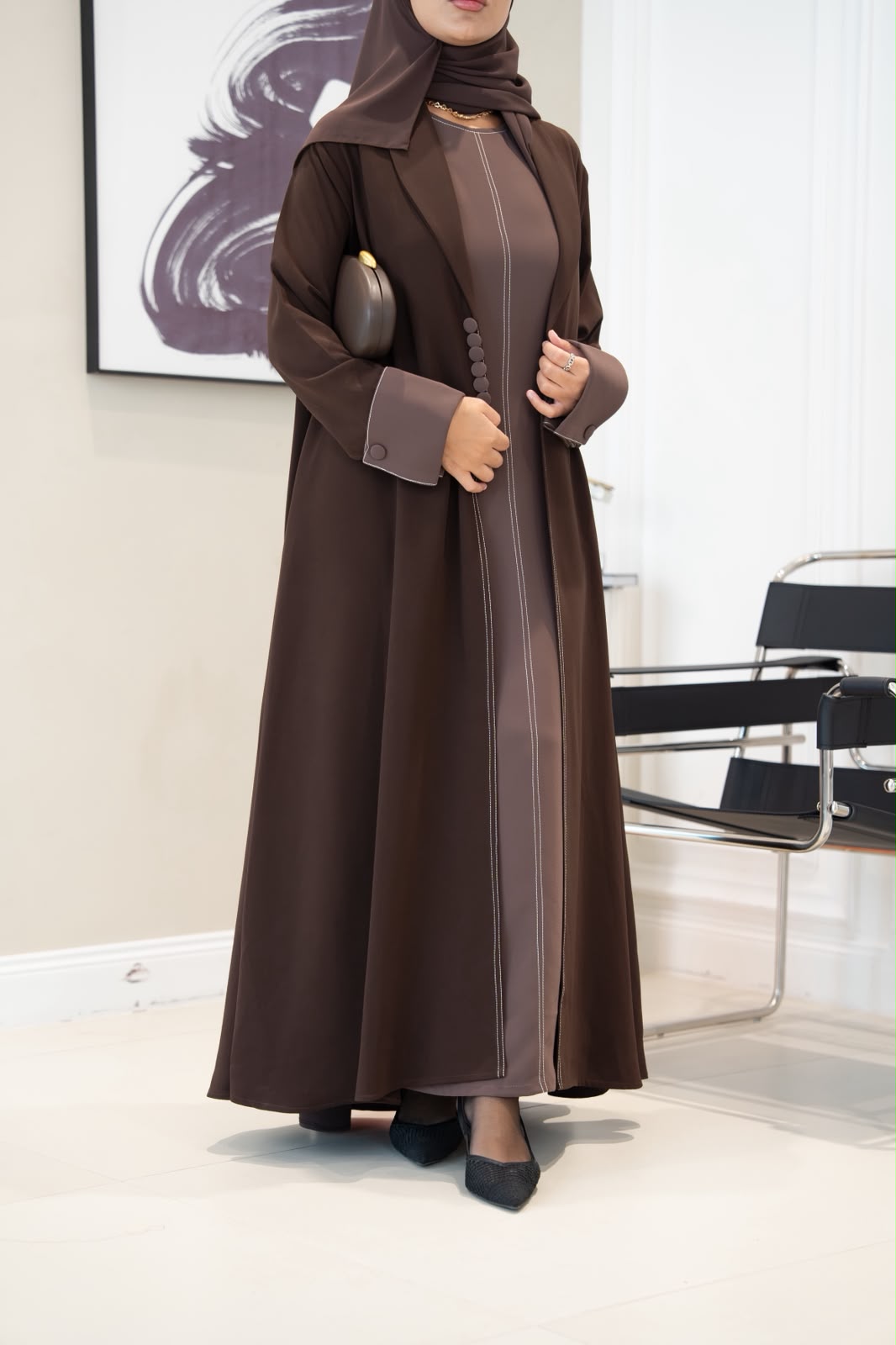 Brown crepe blazer abaya.C:1106