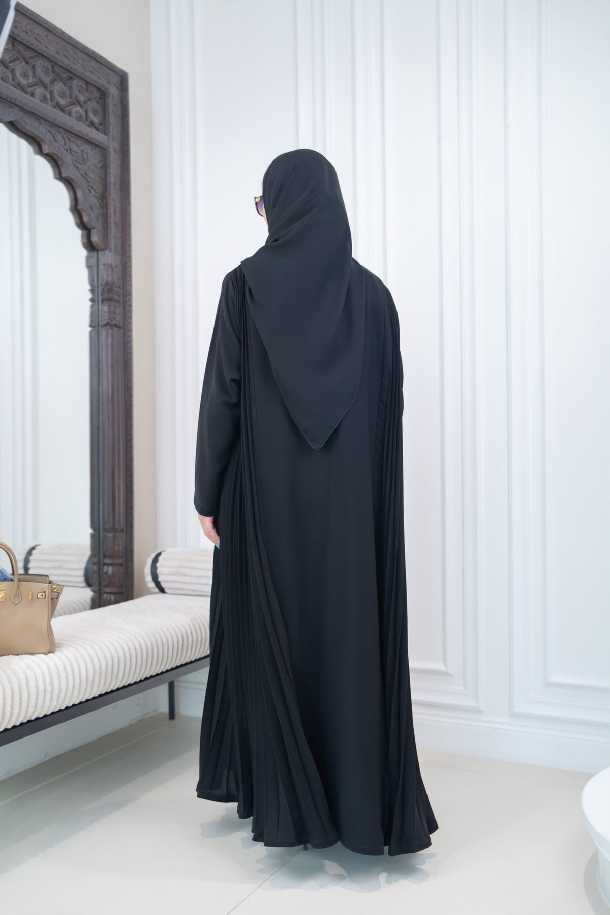 Black pleated crepe abaya with embroidery.C:1115