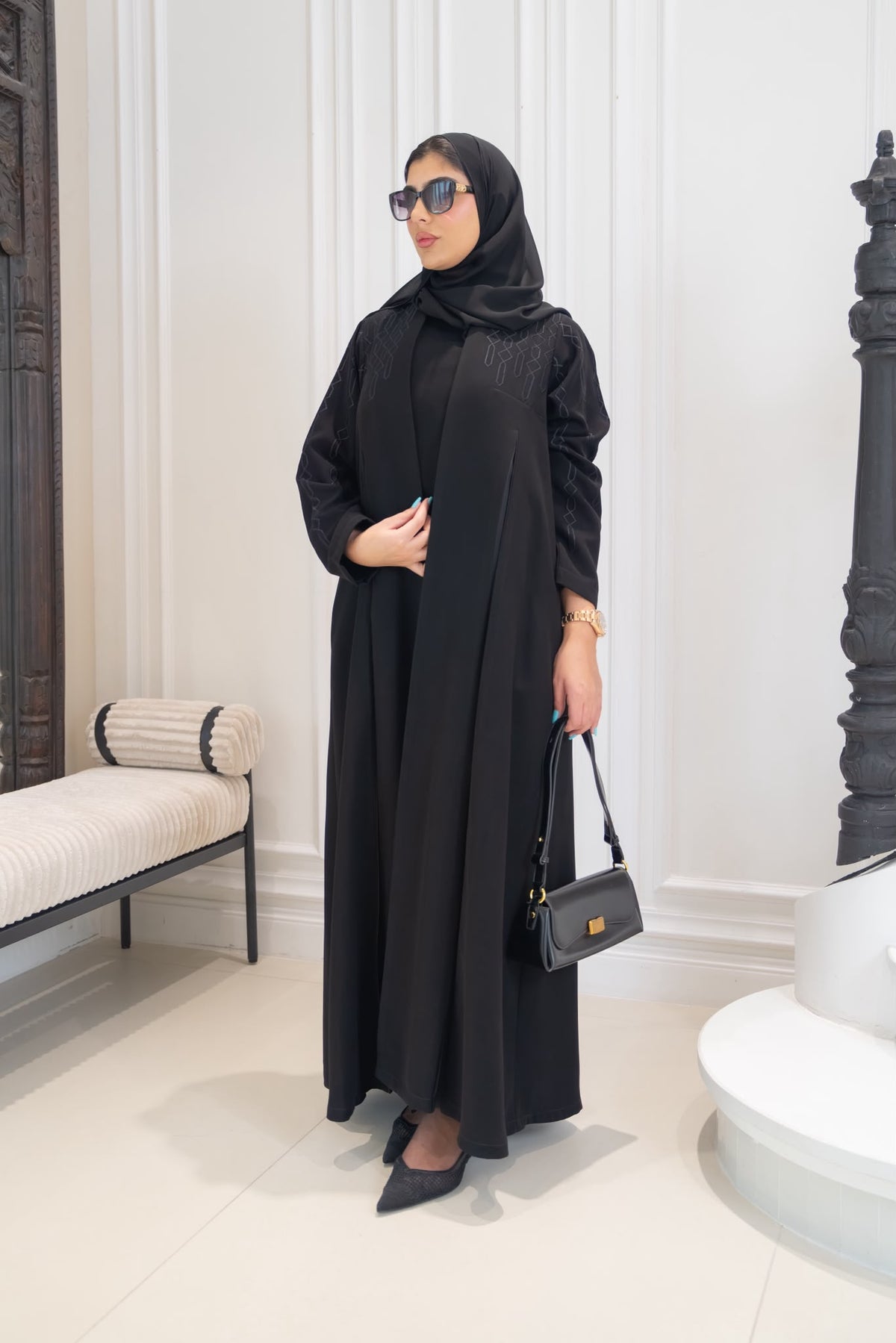 Black crepe abaya with embroidery.C:1113