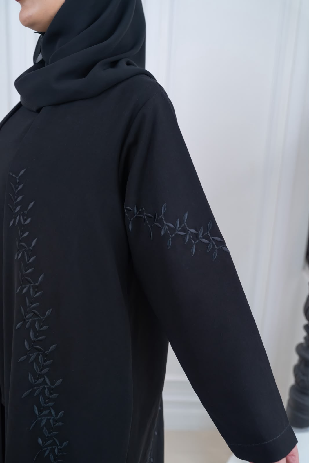 Black crepe abaya with embroidery.C:1116