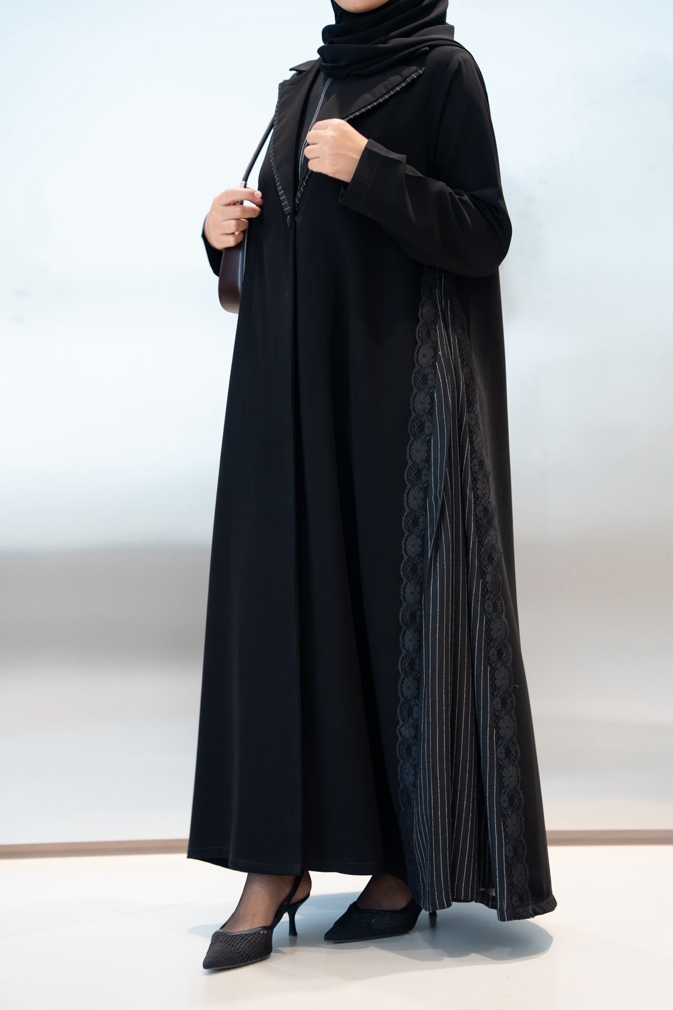 Black crepe abaya with lace. C:1104