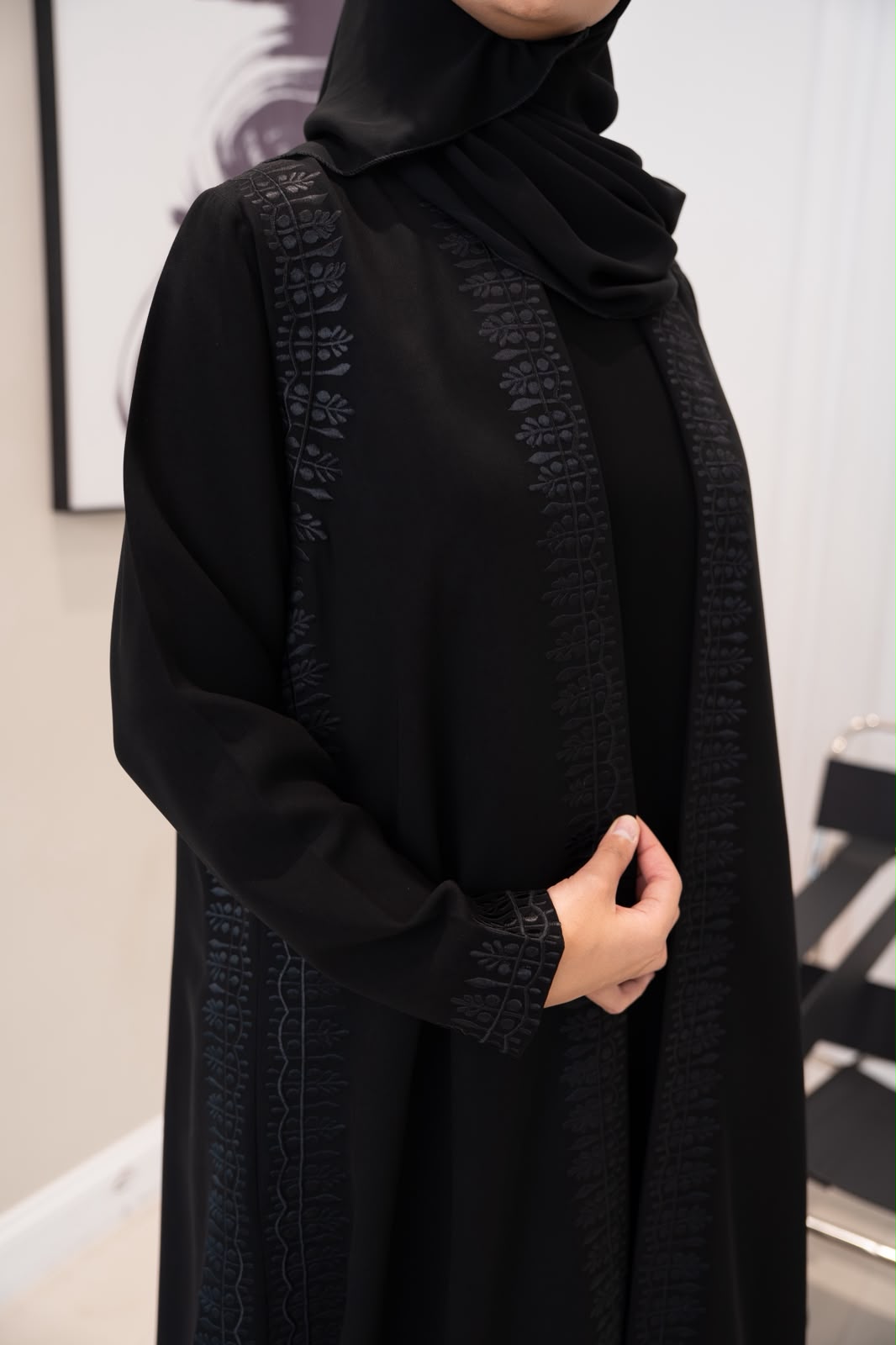 Black crepe abaya with embroidery. C:1108