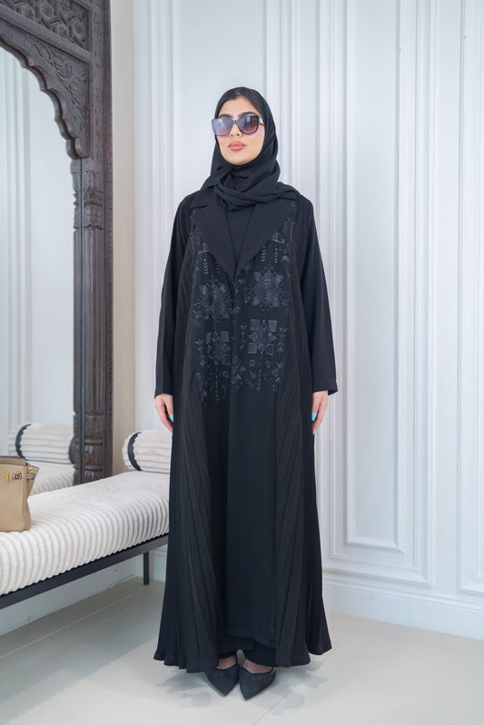 Black pleated crepe abaya with embroidery.C:1115