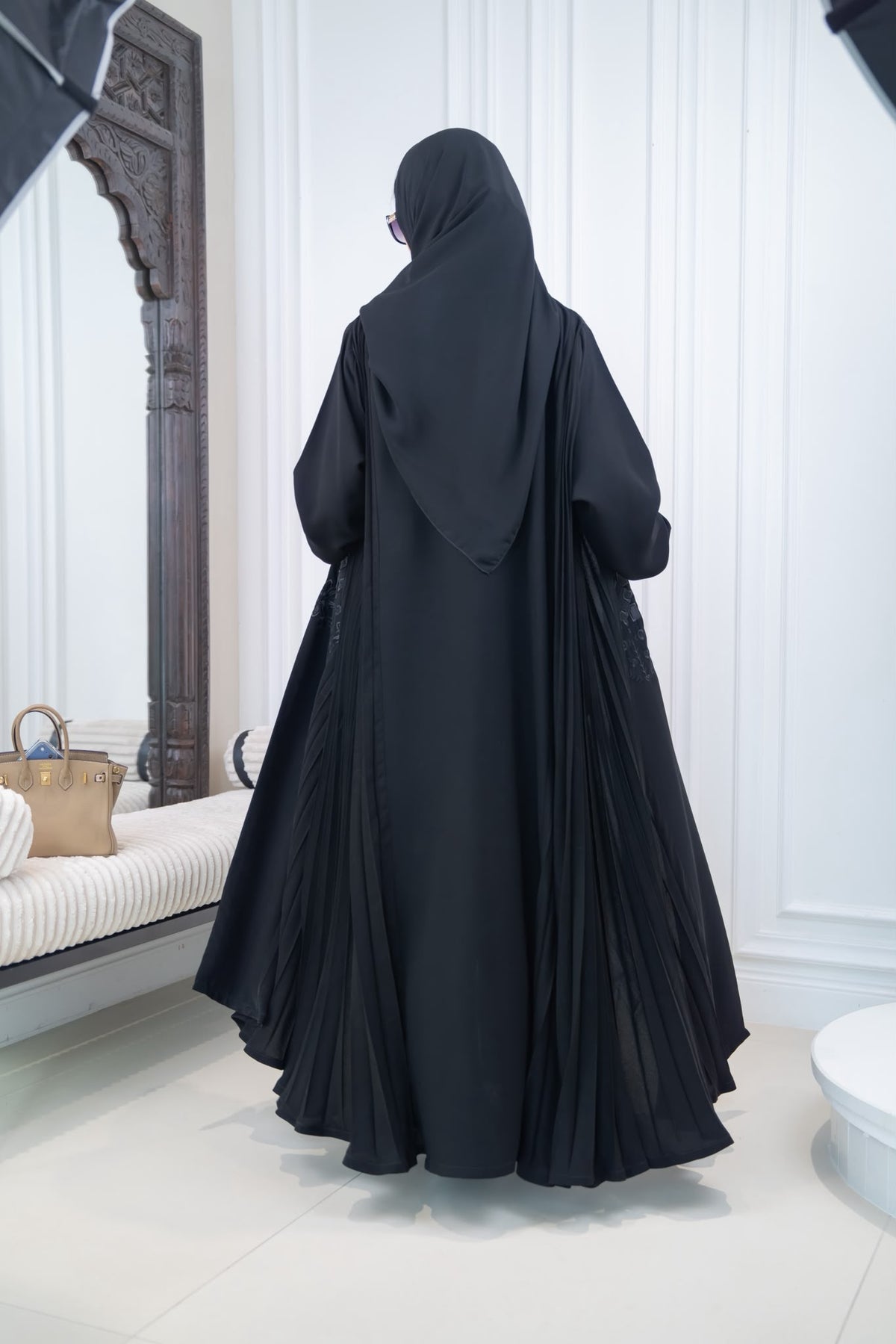Black pleated crepe abaya with embroidery.C:1115
