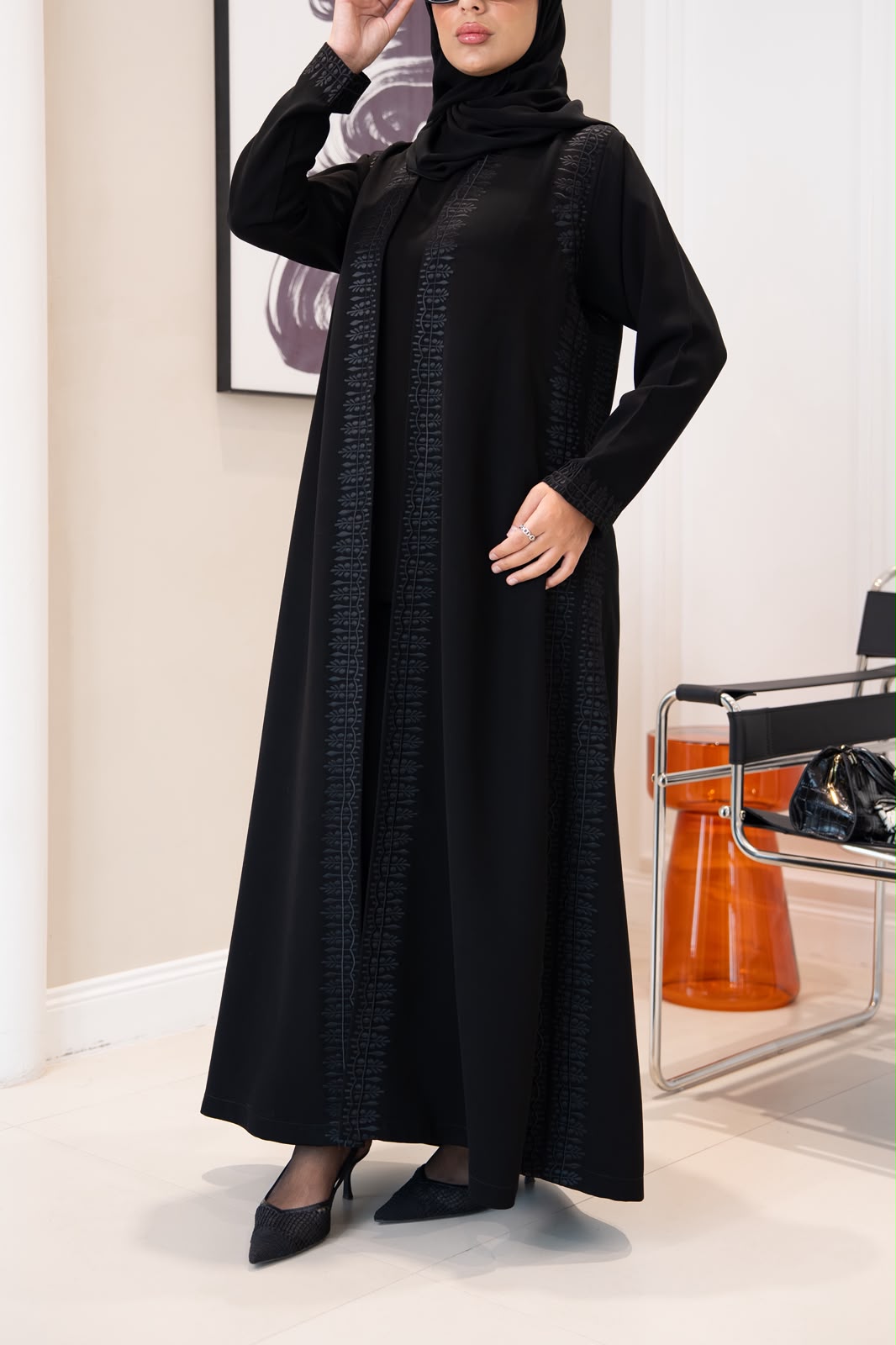 Black crepe abaya with embroidery. C:1108