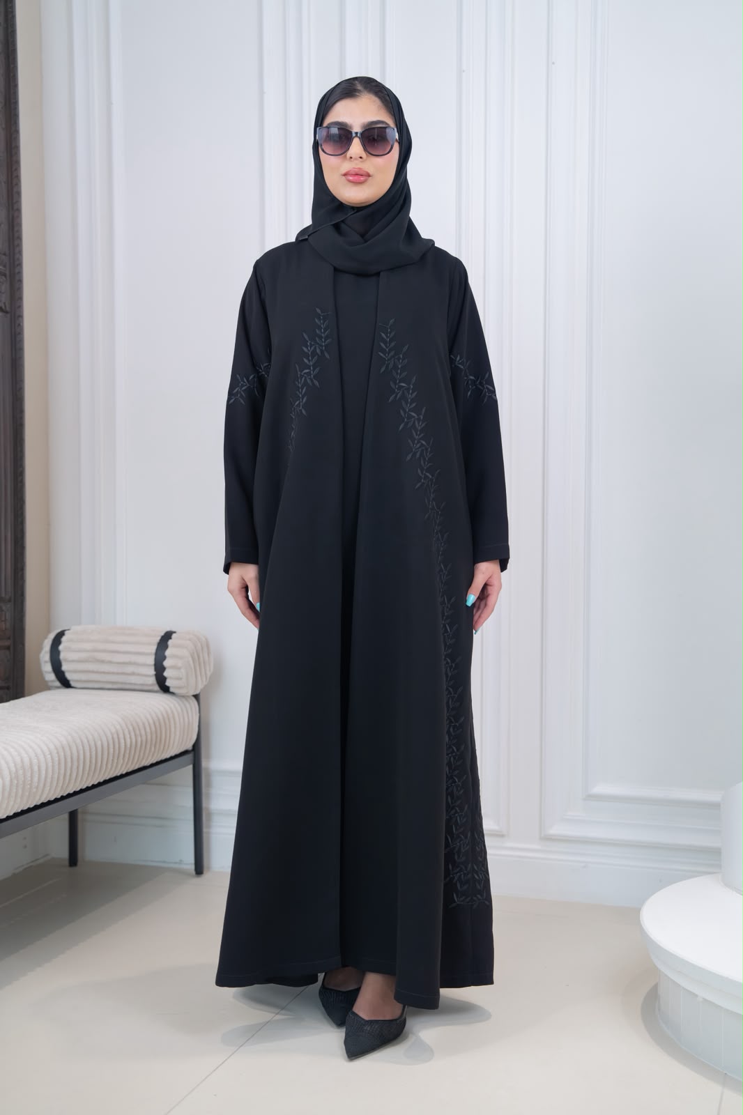 Black crepe abaya with embroidery.C:1116