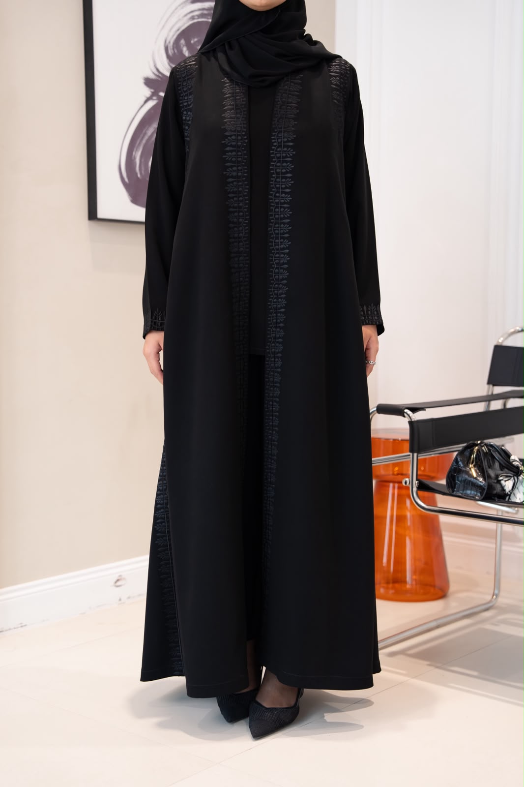 Black crepe abaya with embroidery. C:1108