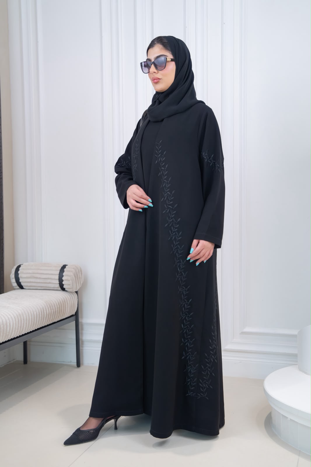 Black crepe abaya with embroidery.C:1116