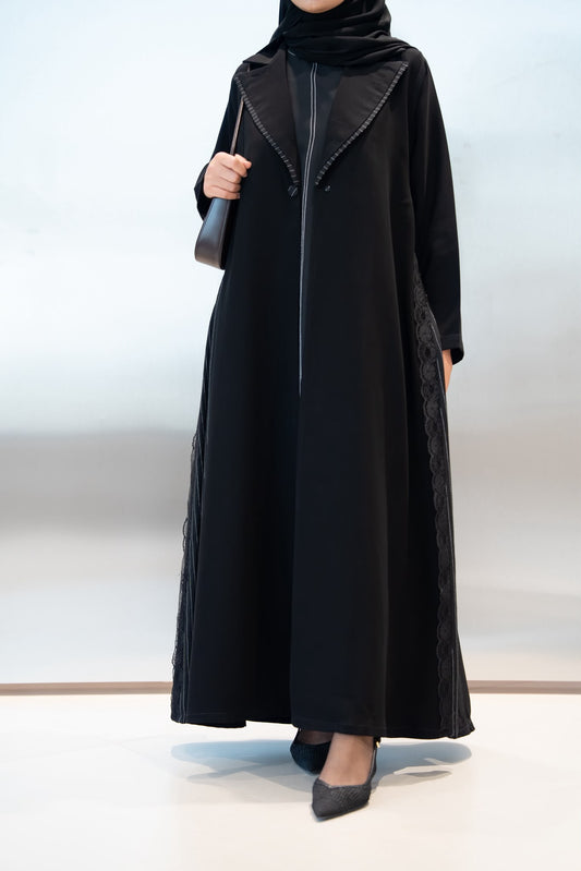 Black crepe abaya with lace. C:1104