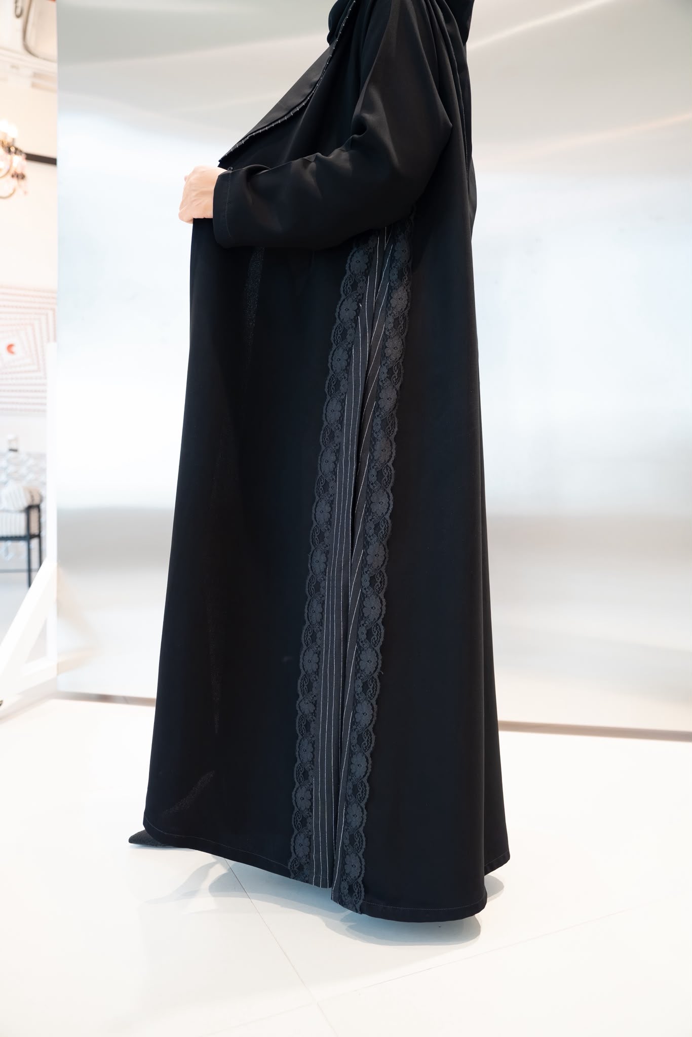 Black crepe abaya with lace. C:1104