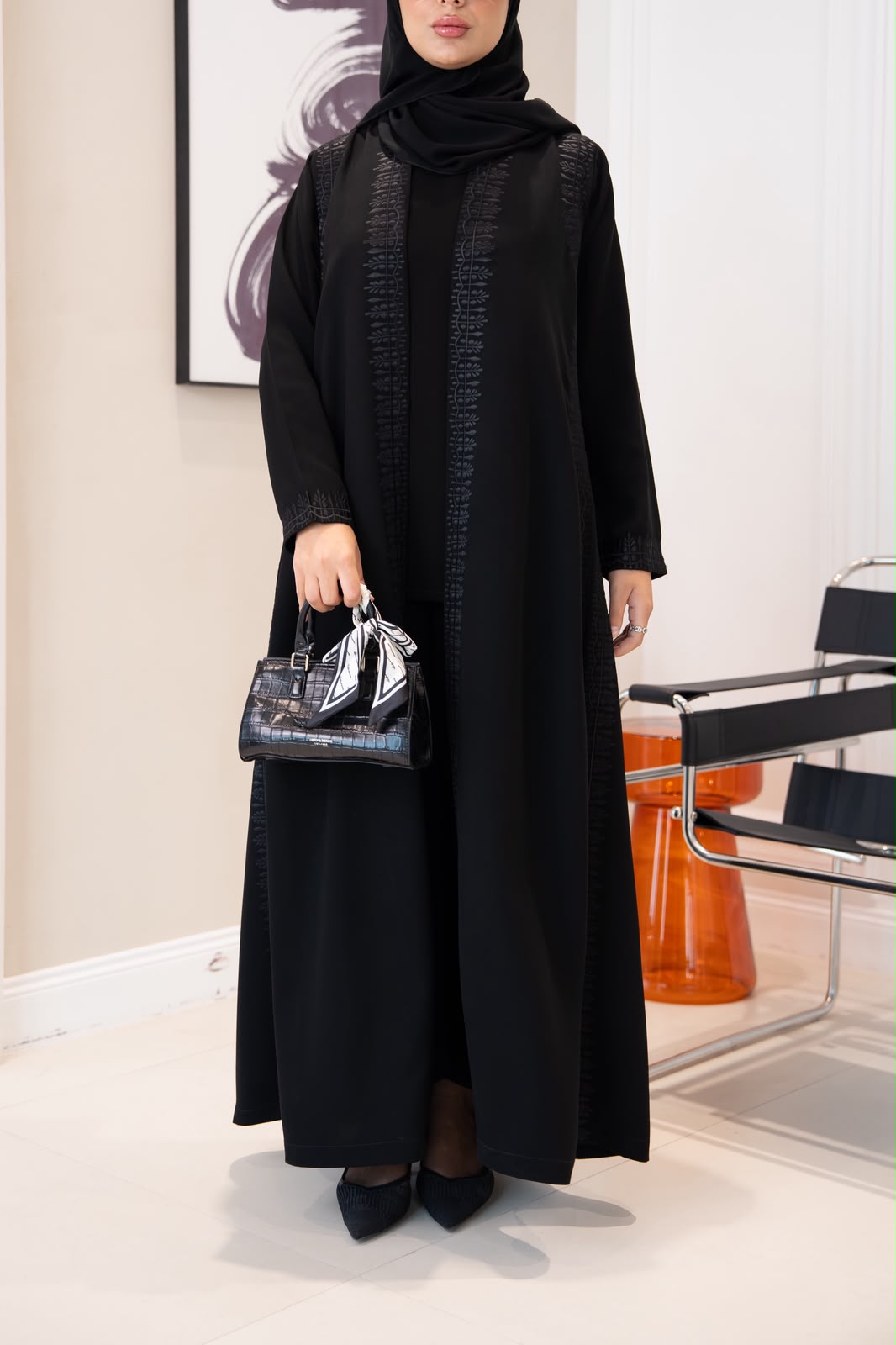 Black crepe abaya with embroidery. C:1108