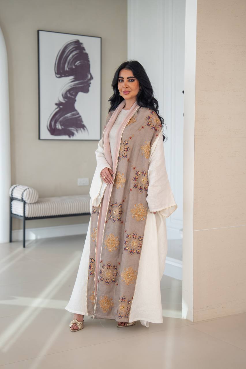 Linen bisht abaya with beading and embroidery