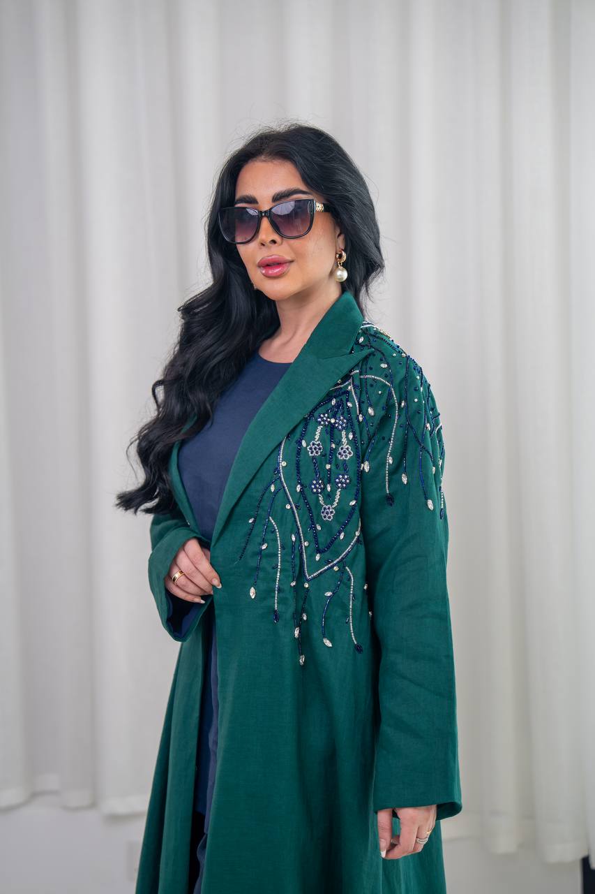 Green linen blazer abaya with hand-stitched details