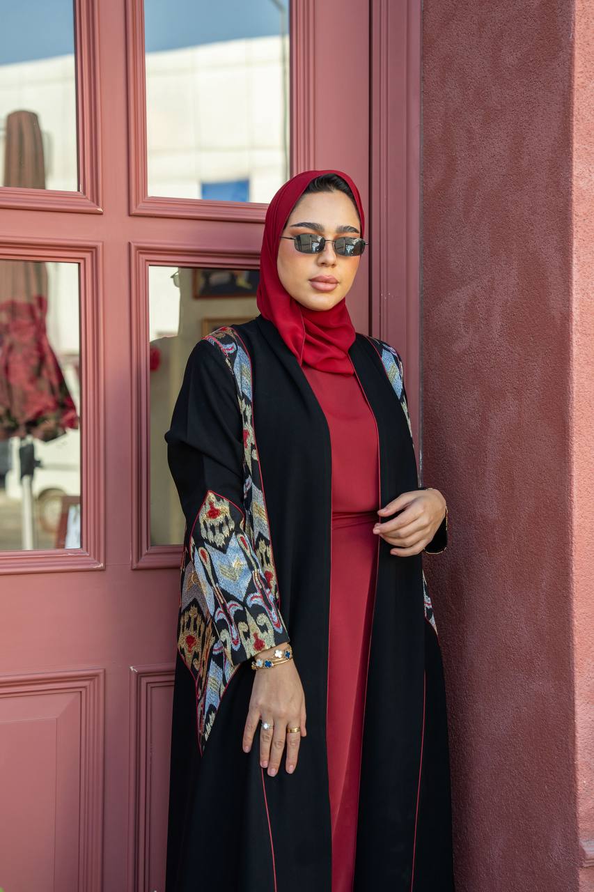 Black crepe abaya with embroidery.C;1062