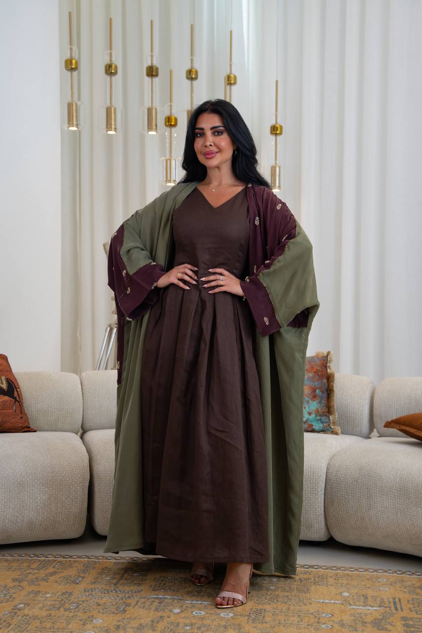 Olive green silk crepe bisht with beading and embroidery. C:1086