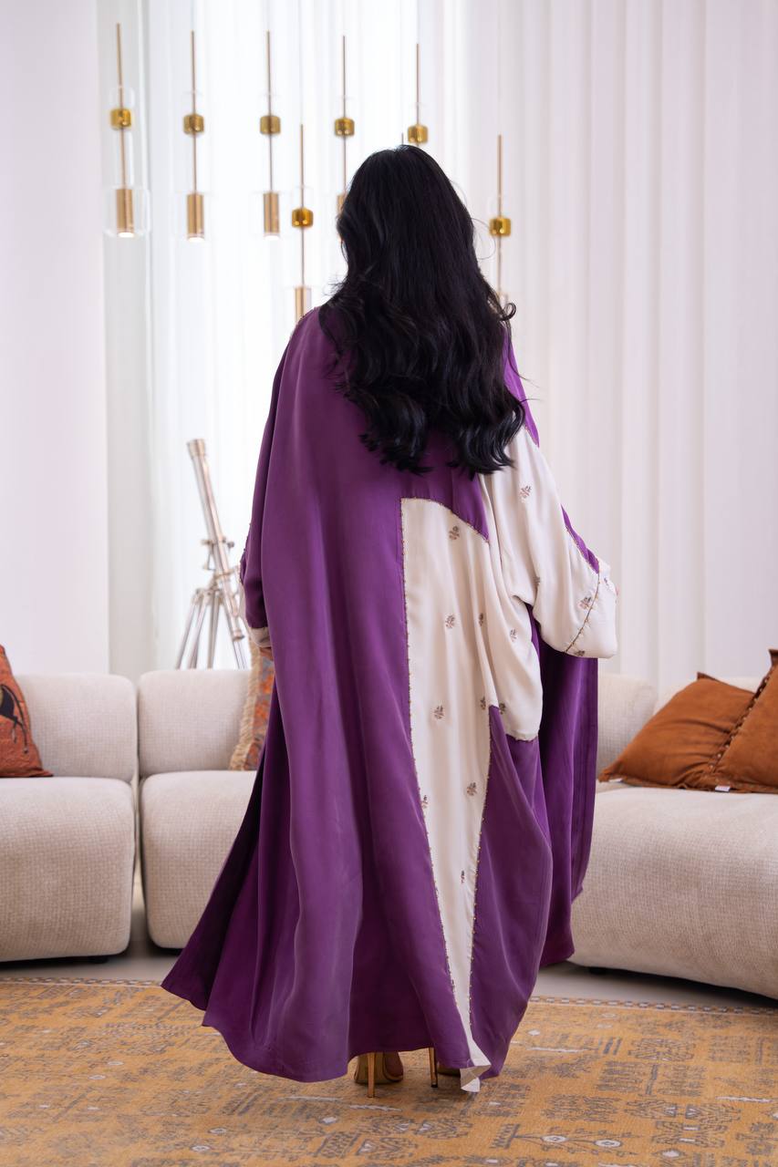 Purple silk crepe bisht with beading and embroidery. C:1086