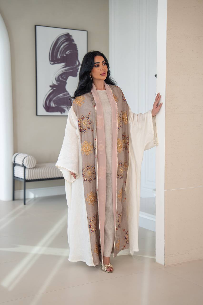 Linen bisht abaya with beading and embroidery