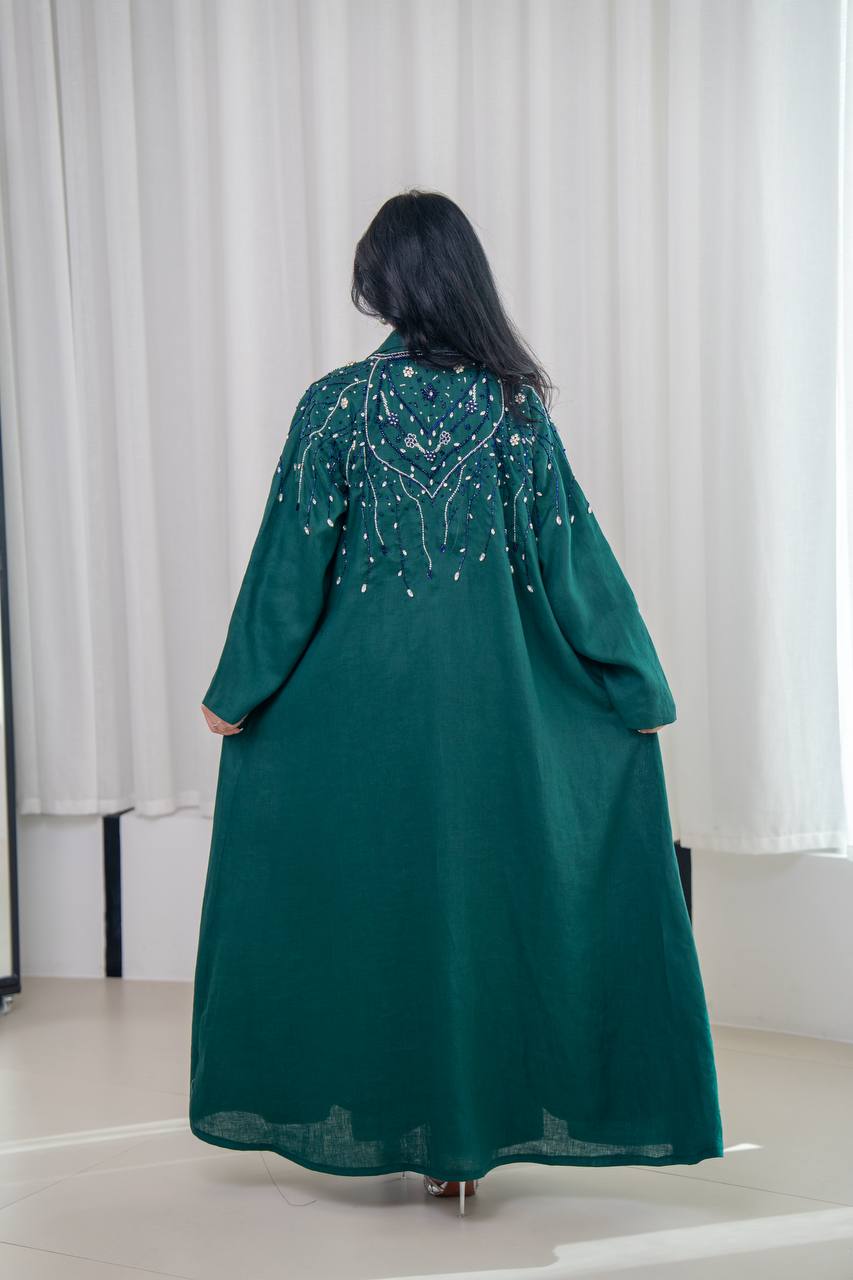 Green linen blazer abaya with hand-stitched details