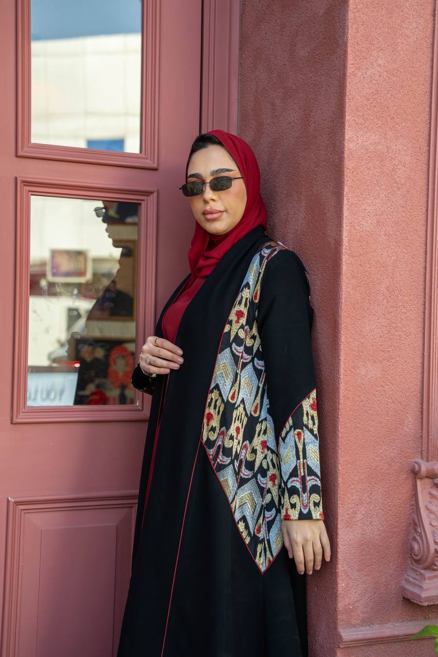Black crepe abaya with embroidery.C;1062