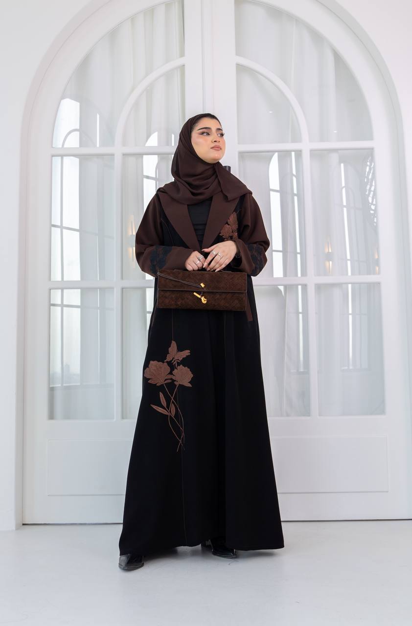 Black crepe abaya with brown embroidery. C:1083