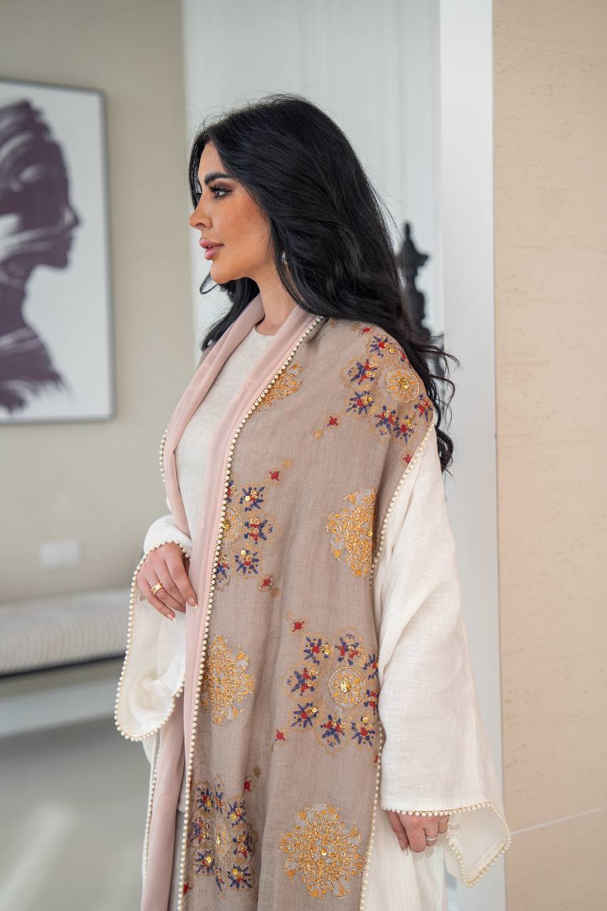 Linen bisht abaya with beading and embroidery