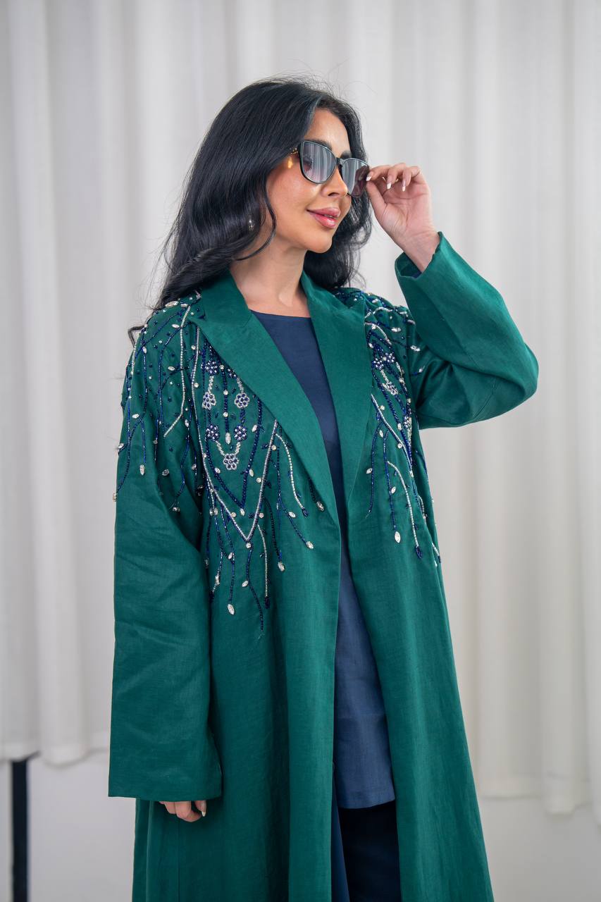 Green linen blazer abaya with hand-stitched details