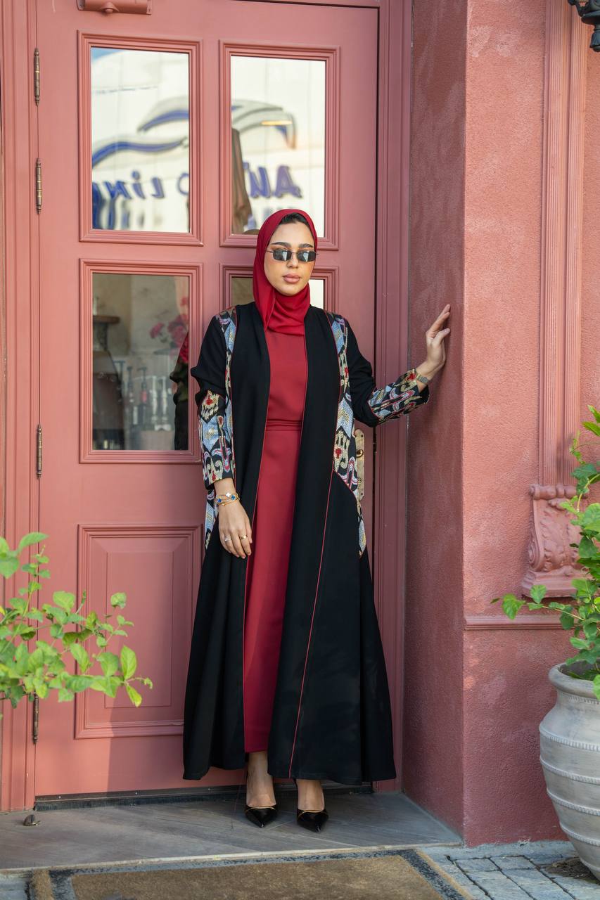 Black crepe abaya with embroidery.C;1062