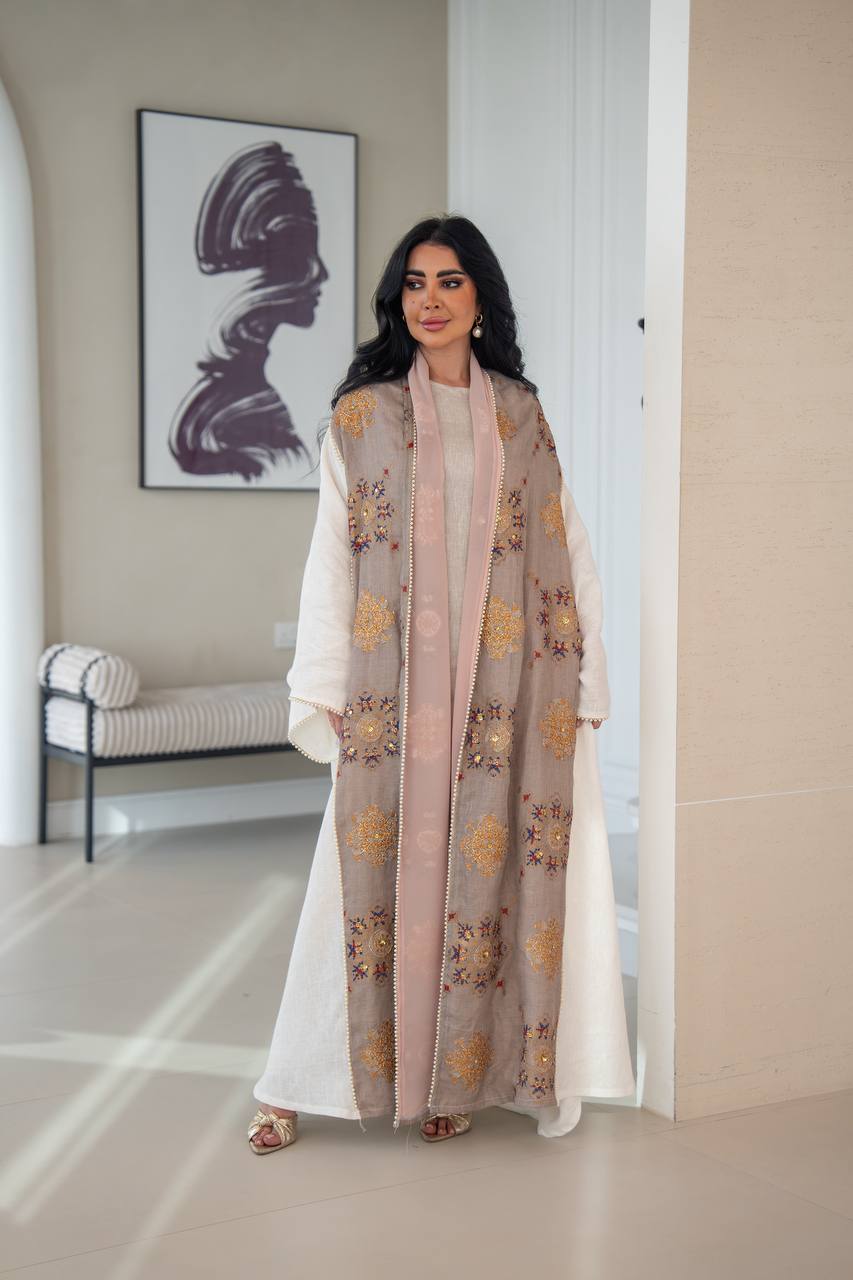 Linen bisht abaya with beading and embroidery