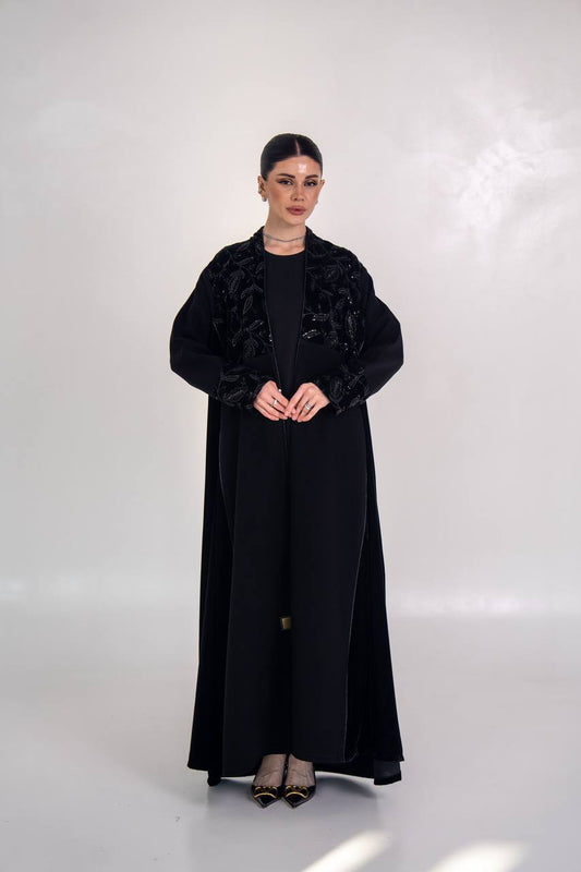 Crepe abaya with embroidered velvet