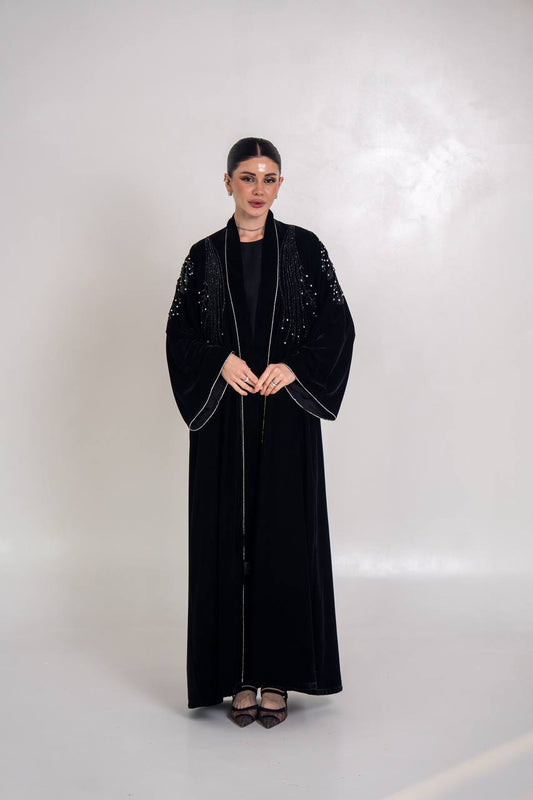 Black velvet abaya with hand-stitched details