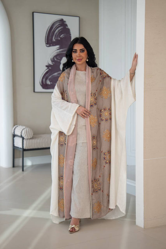 Linen bisht abaya with beading and embroidery