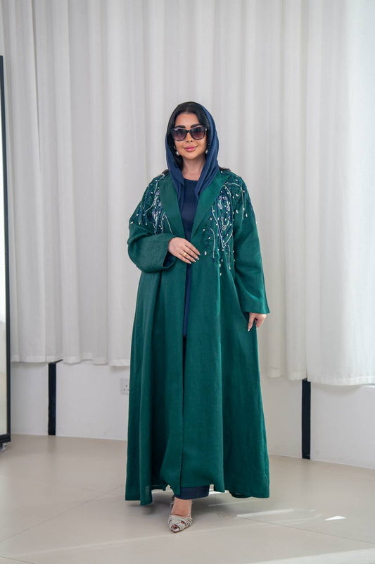 Green linen blazer abaya with hand-stitched details