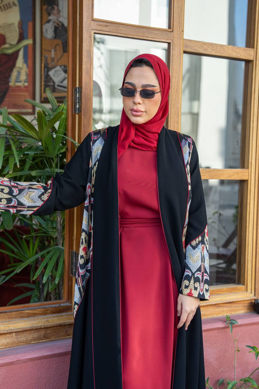 Black crepe abaya with embroidery.C;1062