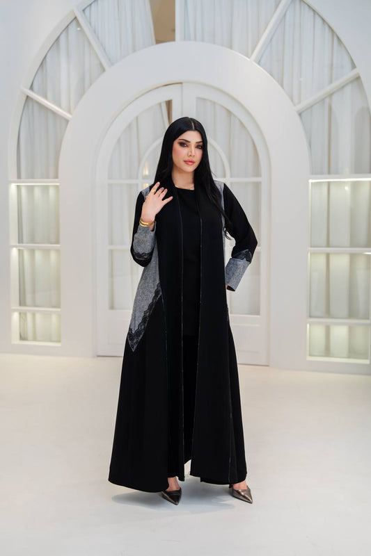 Black crepe abaya with linen and lace.C;1061