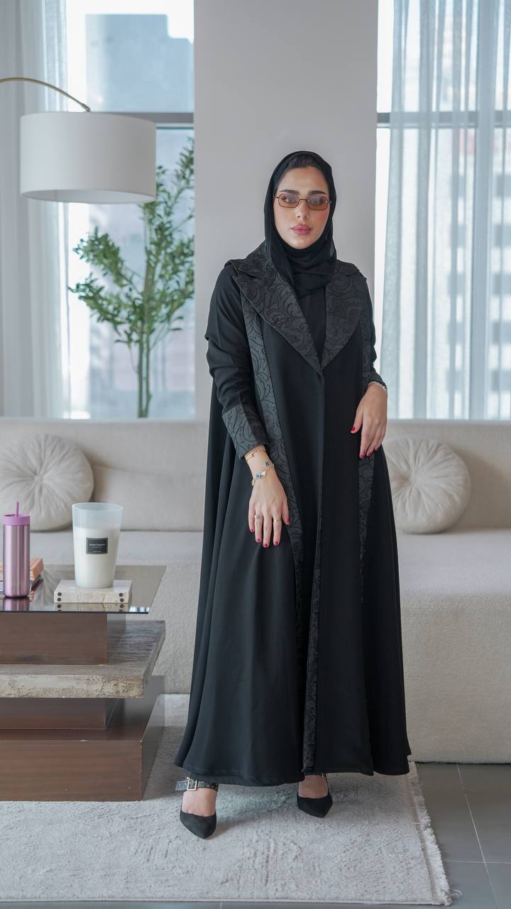 Black crepe abaya with jacquard.C:1078