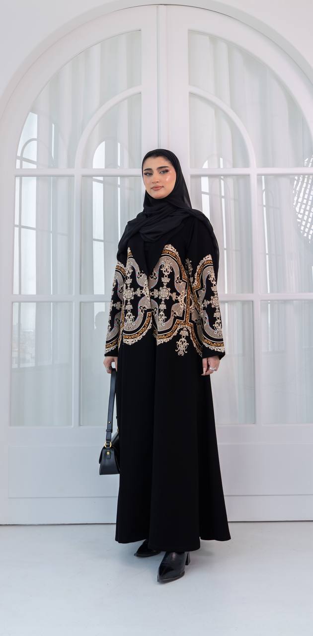 Black crepe fabric abaya with embroidery. C:1079